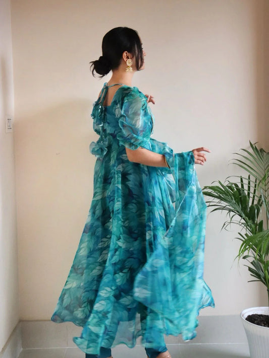 Teal Blue Floral Organza Anarkali Suit Set for Women | Elegant Party Wear by Jagraa