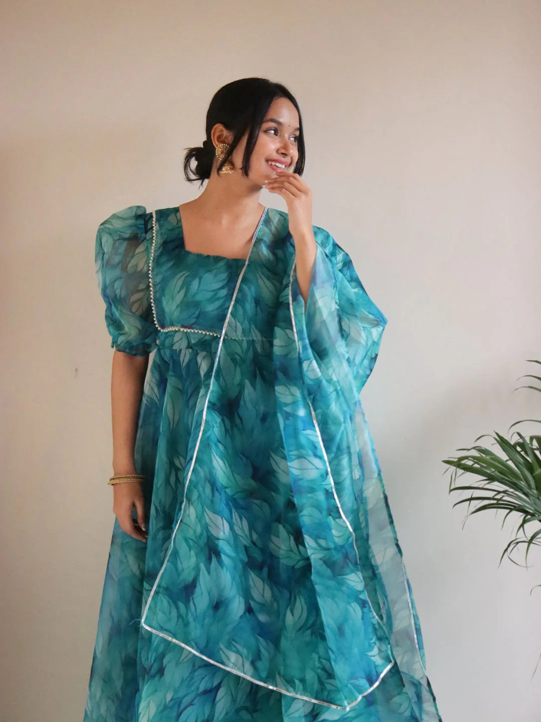 Teal Blue Floral Organza Anarkali Suit Set for Women | Elegant Party Wear by Jagraa