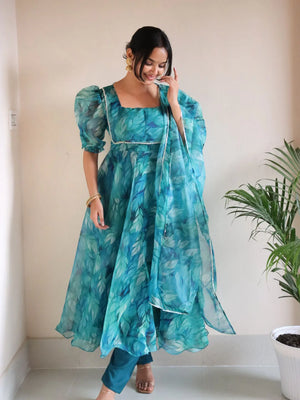 Teal Blue Floral Organza Anarkali Suit Set for Women | Elegant Party Wear by Jagraa