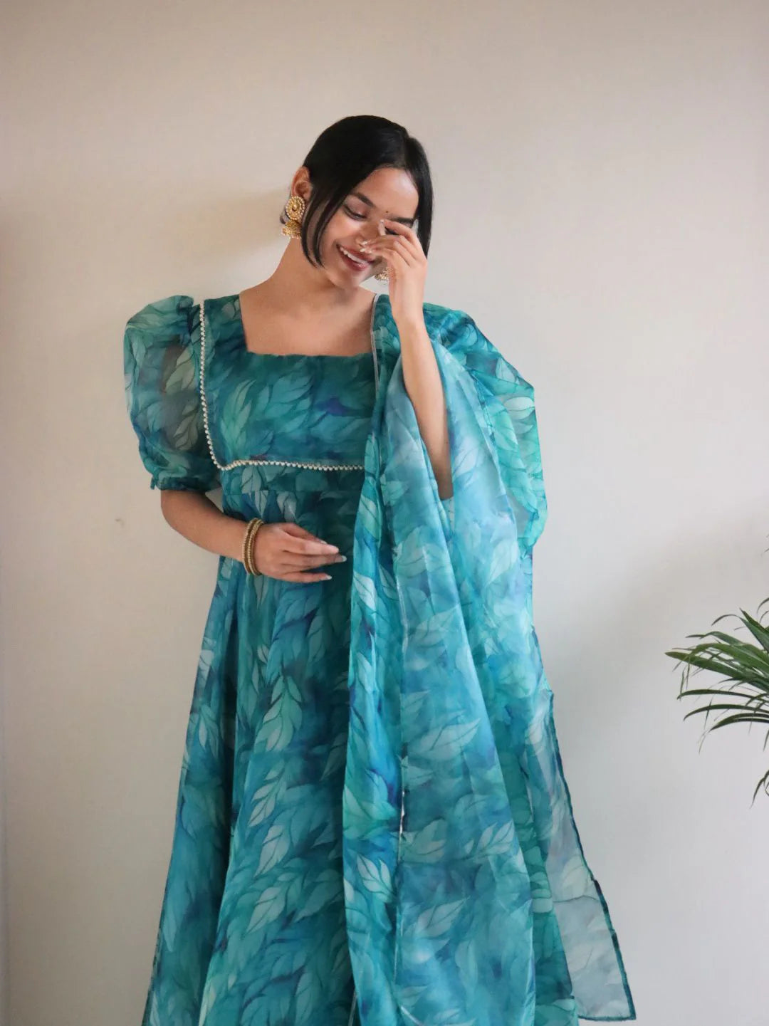 Teal Blue Floral Organza Anarkali Suit Set for Women | Elegant Party Wear by Jagraa