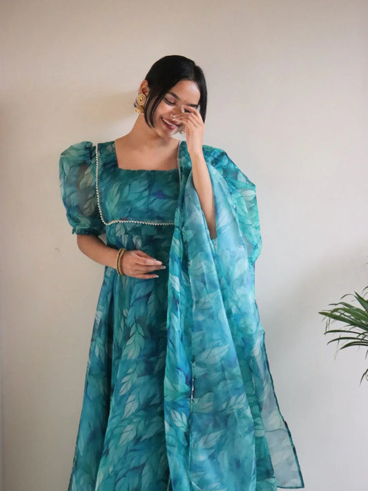 Teal Blue Floral Organza Anarkali Suit Set for Women | Elegant Party Wear by Jagraa
