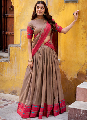 Thread Embroidered Chanderi Silk Chiku Color Half Saree Lehenga Choli