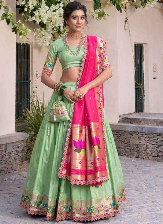 Traditional Jacquard Silk Zari Weaving Work Pista Green Lehenga Choli