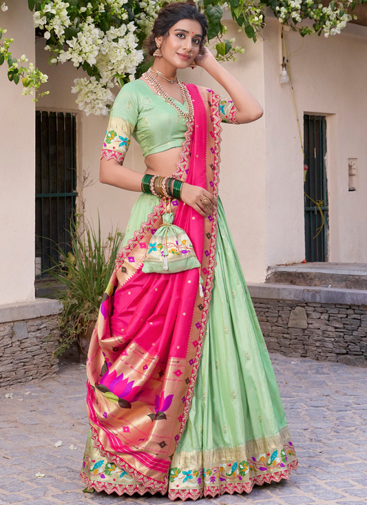 Traditional Jacquard Silk Zari Weaving Work Pista Green Lehenga Choli
