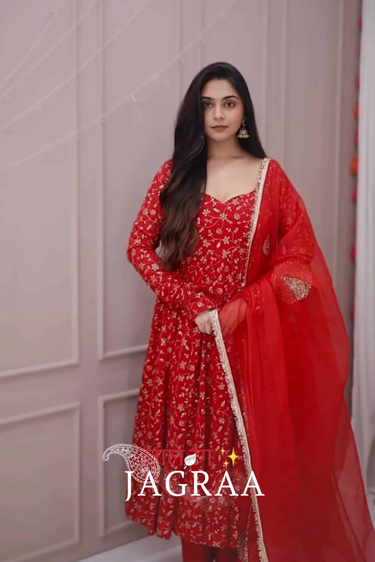 Traditional Red Embroidered Anarkali Suit Perfect for Festive Wear