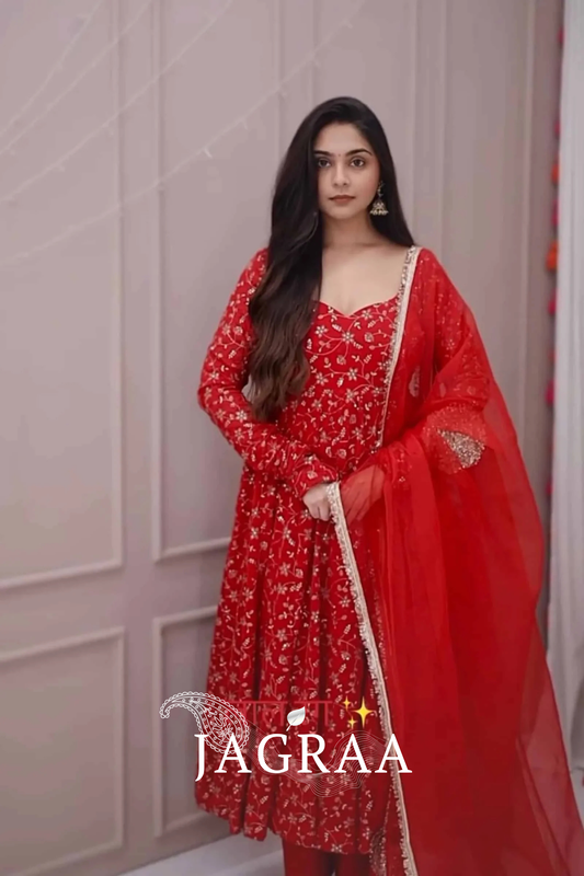 Traditional Red Embroidered Anarkali Suit Perfect for Festive Wear