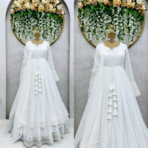 White Long Flair Double Layered Anarkali With Dupatta