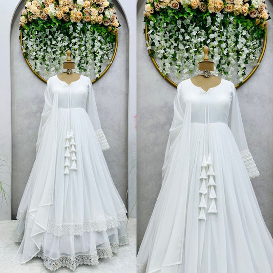 White Long Flair Double Layered Anarkali With Dupatta
