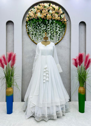 White Long Flair Double Layered Anarkali With Dupatta