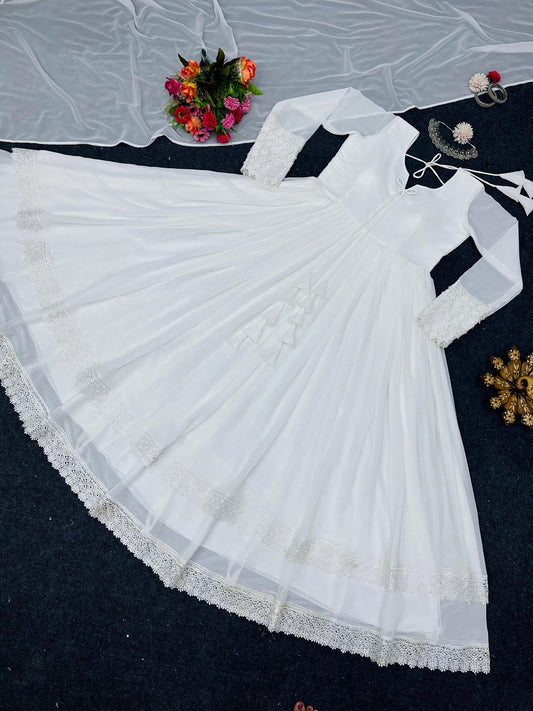 White Long Flair Double Layered Anarkali With Dupatta