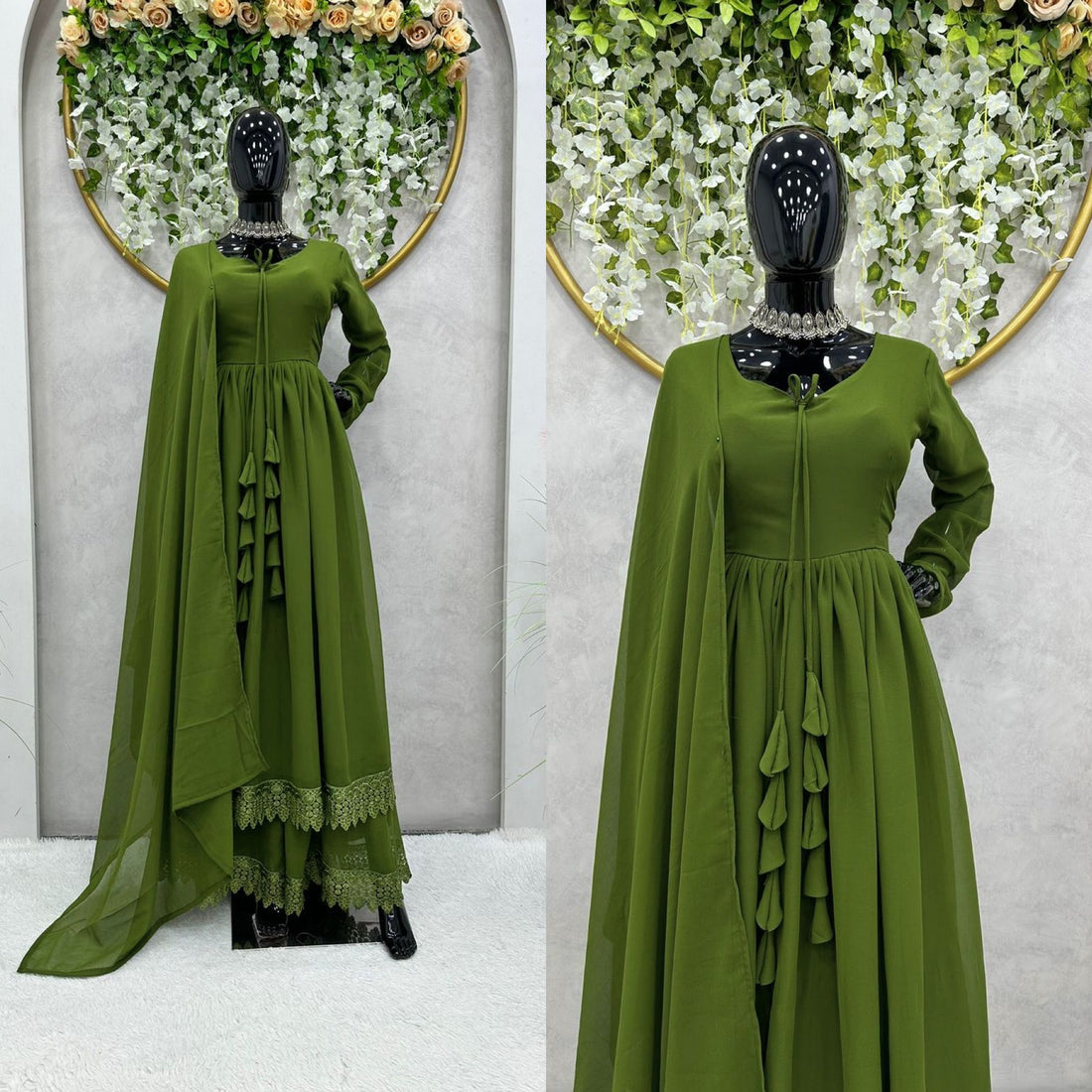 Good Looking Lace Border Mehndi Gown With Plain Dupatta