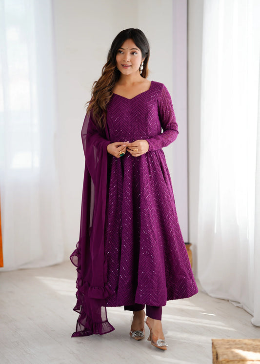 Wine Sequin Embroidered Anarkali Suit Set with Dupatta for Women | Designer Party Wear by Jagraa
