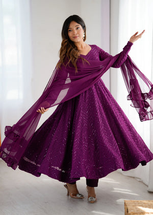 Wine Sequin Embroidered Anarkali Suit Set with Dupatta for Women | Designer Party Wear by Jagraa