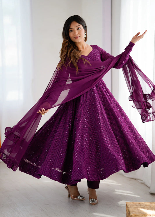 Wine Sequin Embroidered Anarkali Suit Set with Dupatta for Women | Designer Party Wear by Jagraa
