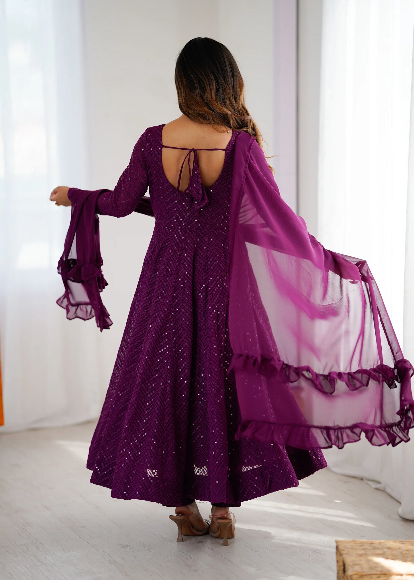 Wine Sequin Embroidered Anarkali Suit Set with Dupatta for Women | Designer Party Wear by Jagraa