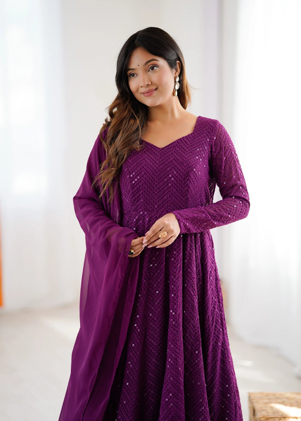Wine Sequin Embroidered Anarkali Suit Set with Dupatta for Women | Designer Party Wear by Jagraa