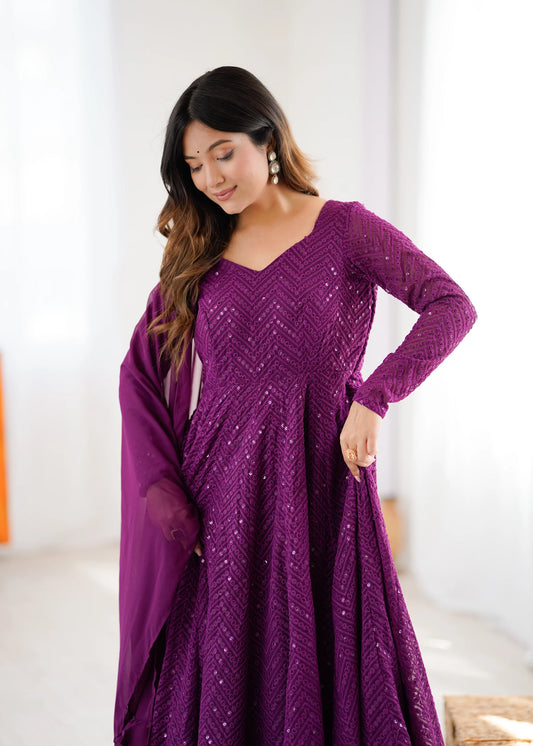 Wine Sequin Embroidered Anarkali Suit Set with Dupatta for Women | Designer Party Wear by Jagraa