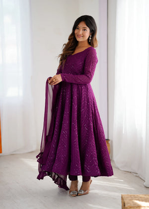 Wine Sequin Embroidered Anarkali Suit Set with Dupatta for Women | Designer Party Wear by Jagraa