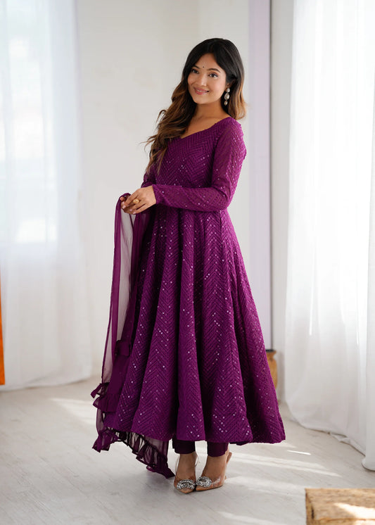 Wine Sequin Embroidered Anarkali Suit Set with Dupatta for Women | Designer Party Wear by Jagraa