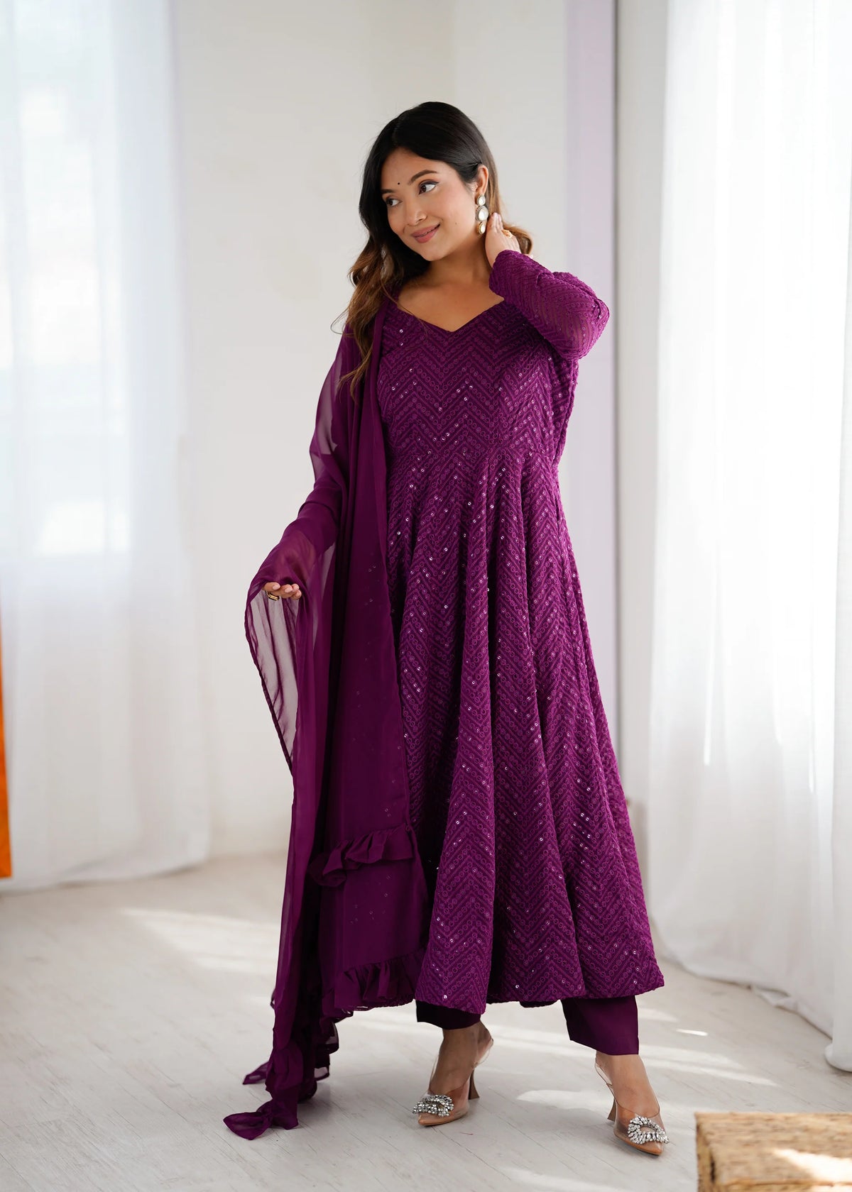 Wine Sequin Embroidered Anarkali Suit Set with Dupatta for Women | Designer Party Wear by Jagraa
