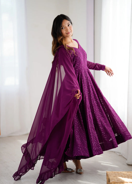 Wine Sequin Embroidered Anarkali Suit Set with Dupatta for Women | Designer Party Wear by Jagraa