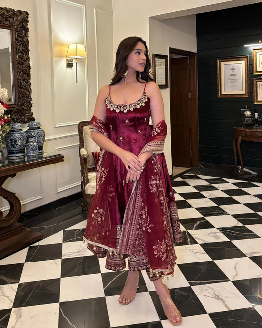 Wine Velvet Embroidered Anarkali Gown Set with Dupatta for Women Luxury Festive Wear by Jagraa