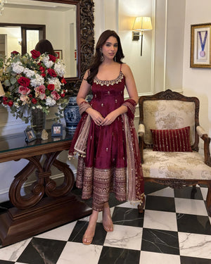 Wine Velvet Embroidered Anarkali Gown Set with Dupatta for Women Luxury Festive Wear by Jagraa