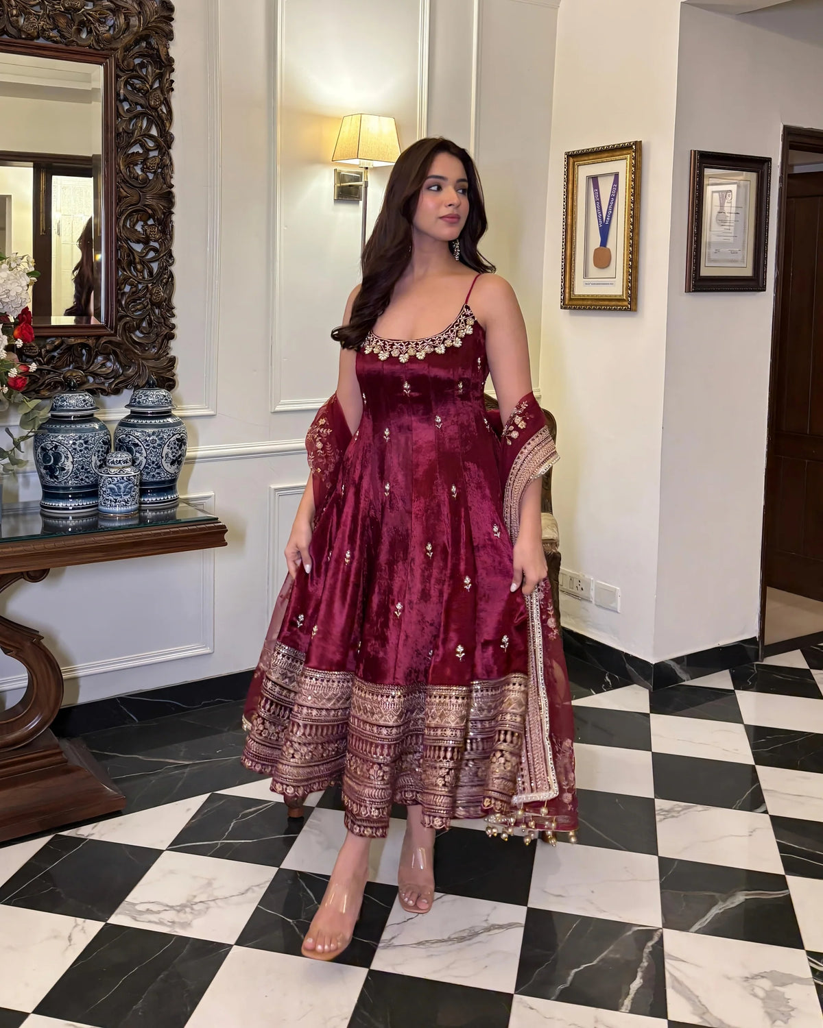Wine Velvet Embroidered Anarkali Gown Set with Dupatta for Women Luxury Festive Wear by Jagraa