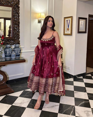 Wine Velvet Embroidered Anarkali Gown Set with Dupatta for Women Luxury Festive Wear by Jagraa