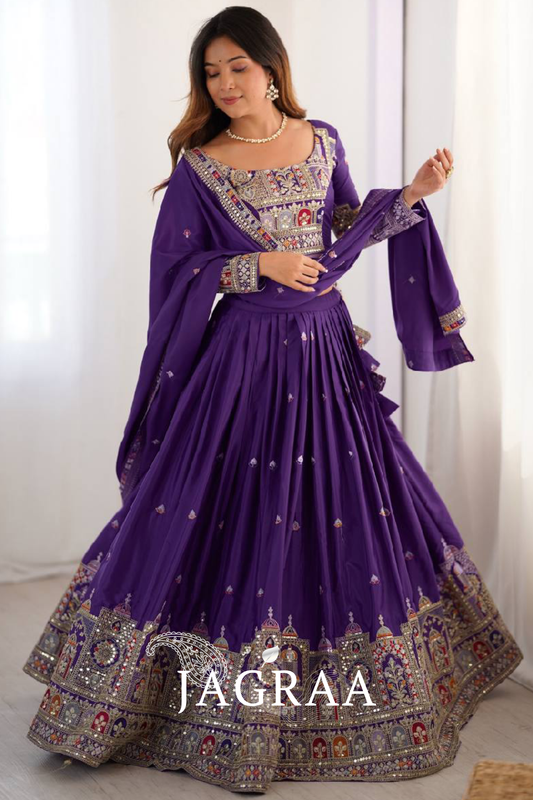 Wonderful Purple Thread Embroidery Work Silk Lehenga Choli For Women