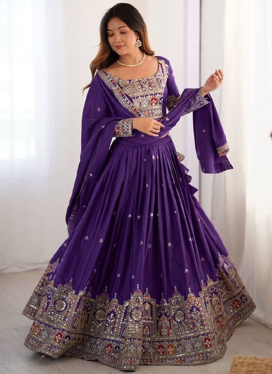 Wonderful Purple Thread Embroidery Work Silk Lehenga Choli For Women