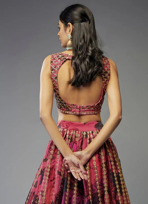 Zari Embroidered Floral Printed Pink Organza Lehenga Choli For Wedding
