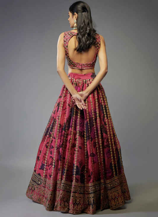 Zari Embroidered Floral Printed Pink Organza Lehenga Choli For Wedding