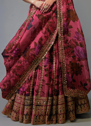 Zari Embroidered Floral Printed Pink Organza Lehenga Choli For Wedding