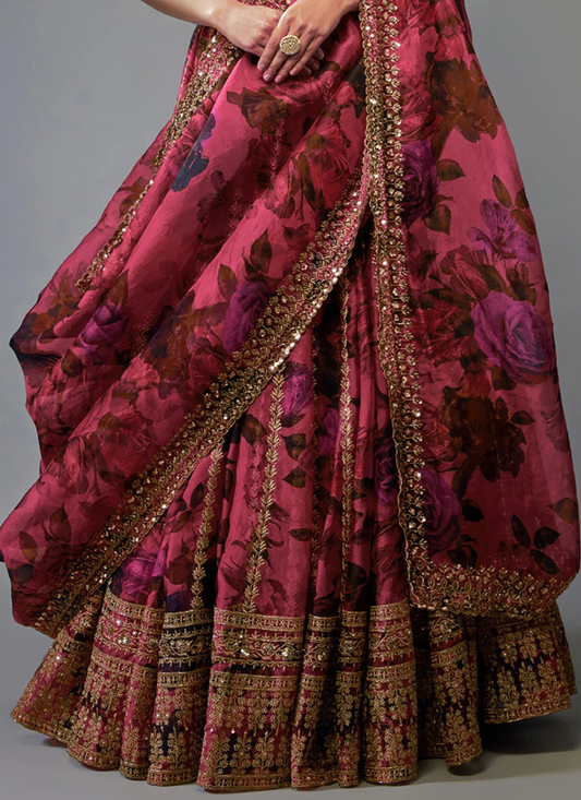 Zari Embroidered Floral Printed Pink Organza Lehenga Choli For Wedding