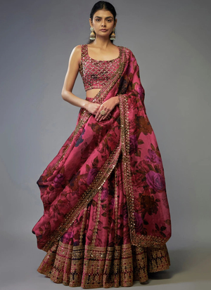 Zari Embroidered Floral Printed Pink Organza Lehenga Choli For Wedding