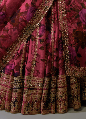 Zari Embroidered Floral Printed Pink Organza Lehenga Choli For Wedding