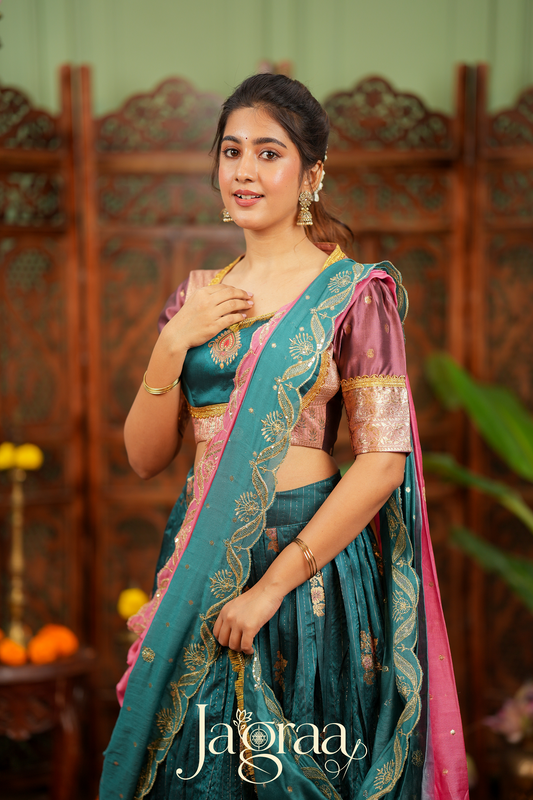 Chanchala | Teal Blue & Pink Traditional Lehenga Choli Set