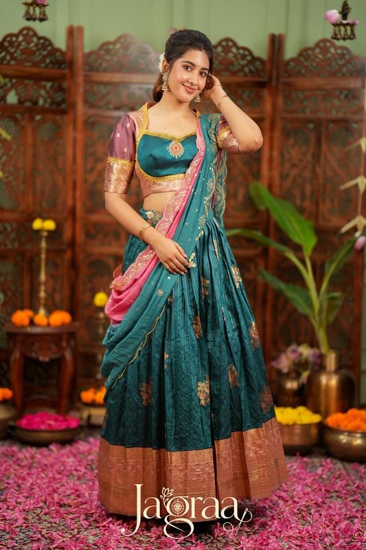 Chanchala | Teal Blue & Pink Traditional Lehenga Choli Set