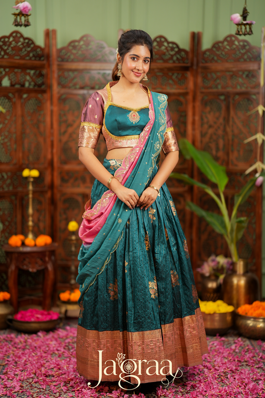 Chanchala | Teal Blue & Pink Traditional Lehenga Choli Set