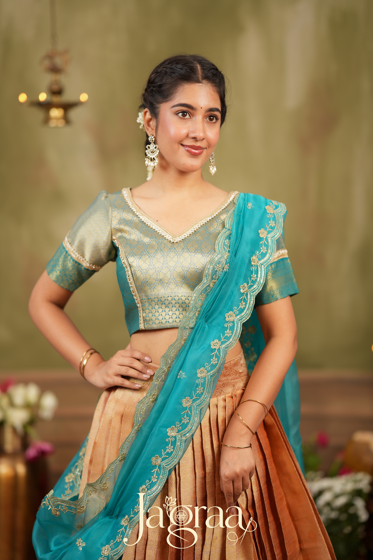 Haripriya | Golden Peach Lehenga Set for Elegant Occasions