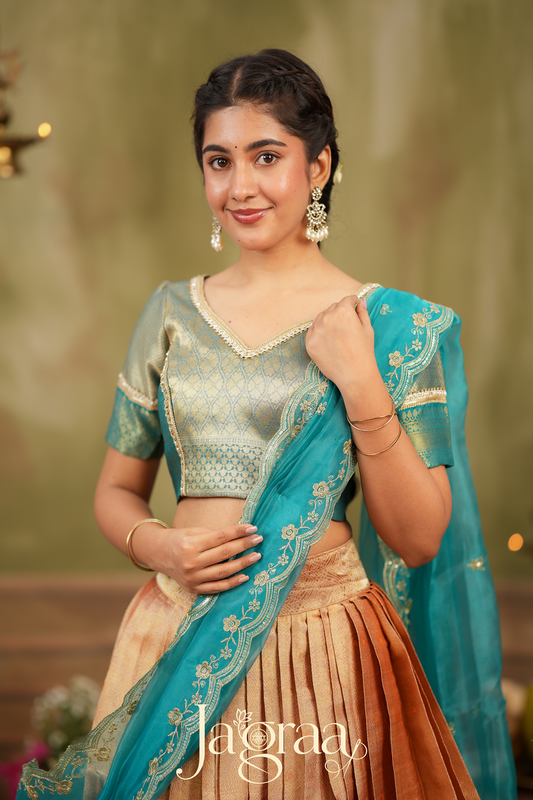 Haripriya | Golden Peach Lehenga Set for Elegant Occasions