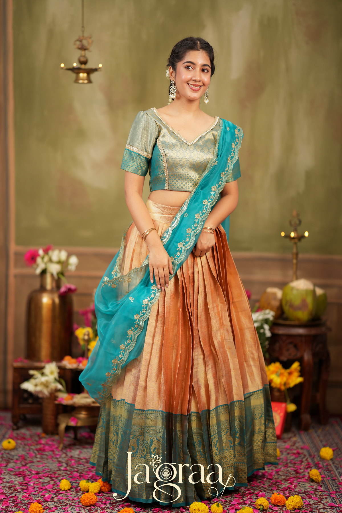 Haripriya | Golden Peach Lehenga Set for Elegant Occasions