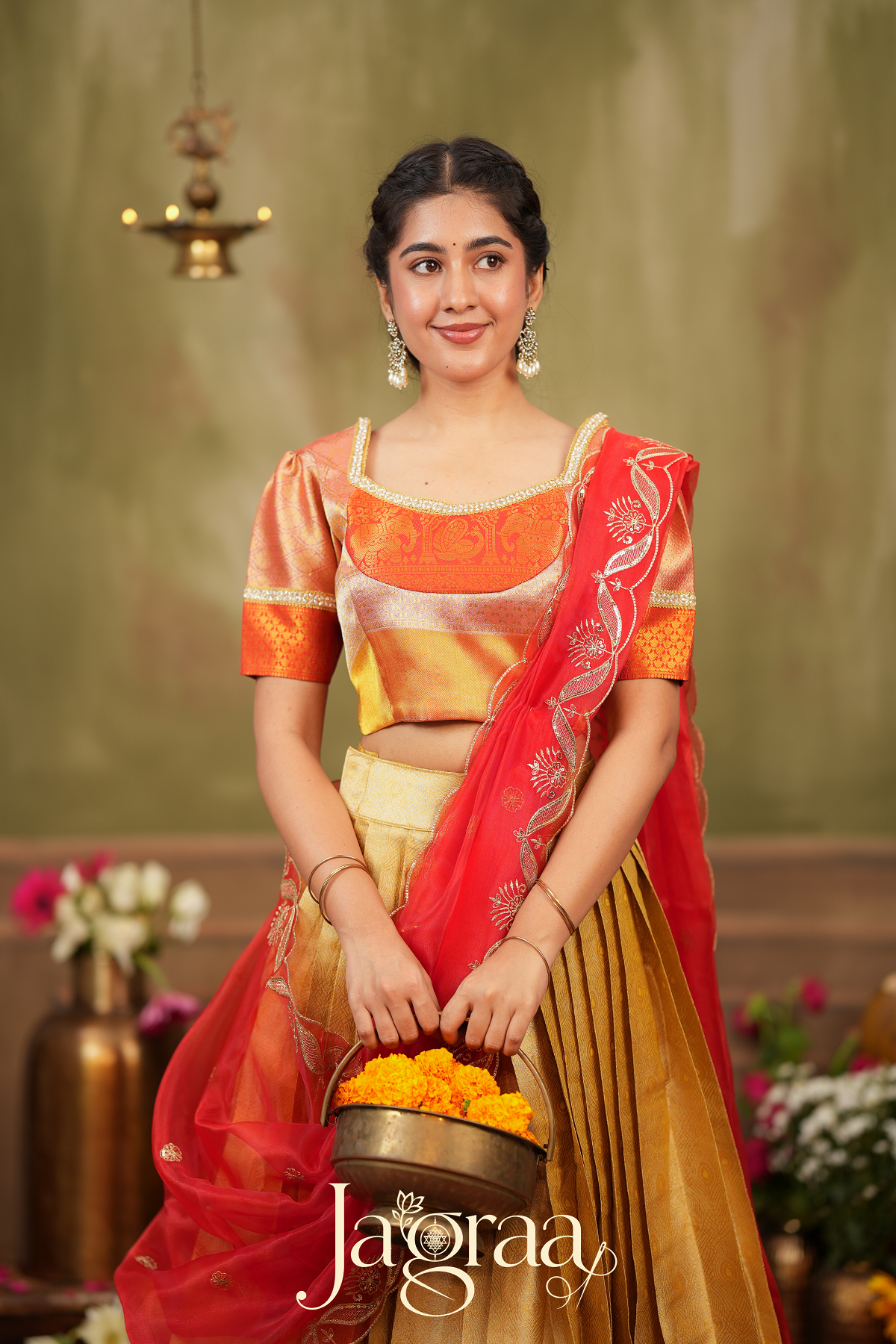 Harivalbha | Golden Tissue Silk Festival Wear Lehenga Set