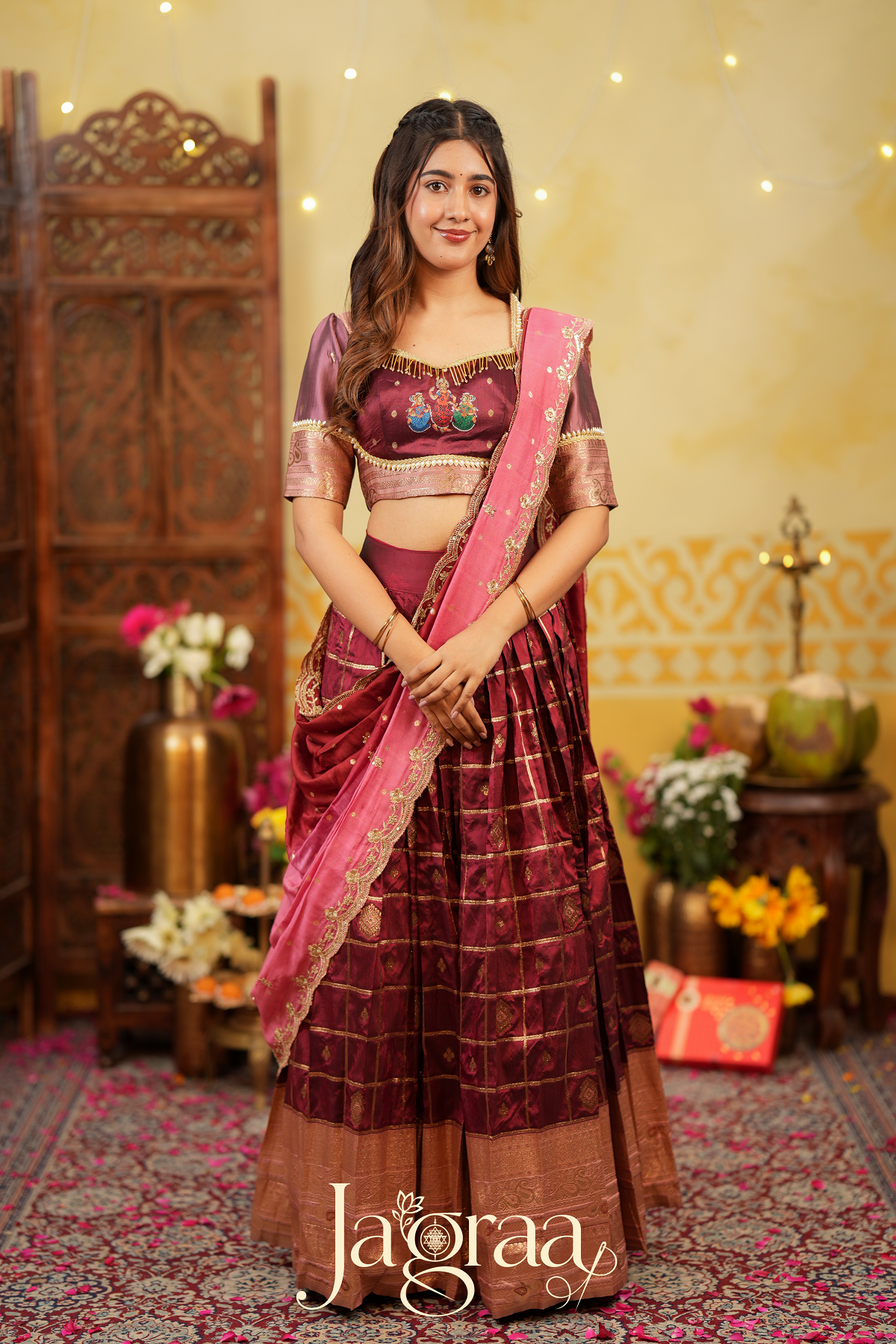 Indira | Maroon & Pink Traditional Silk Lehenga Set for Weddings