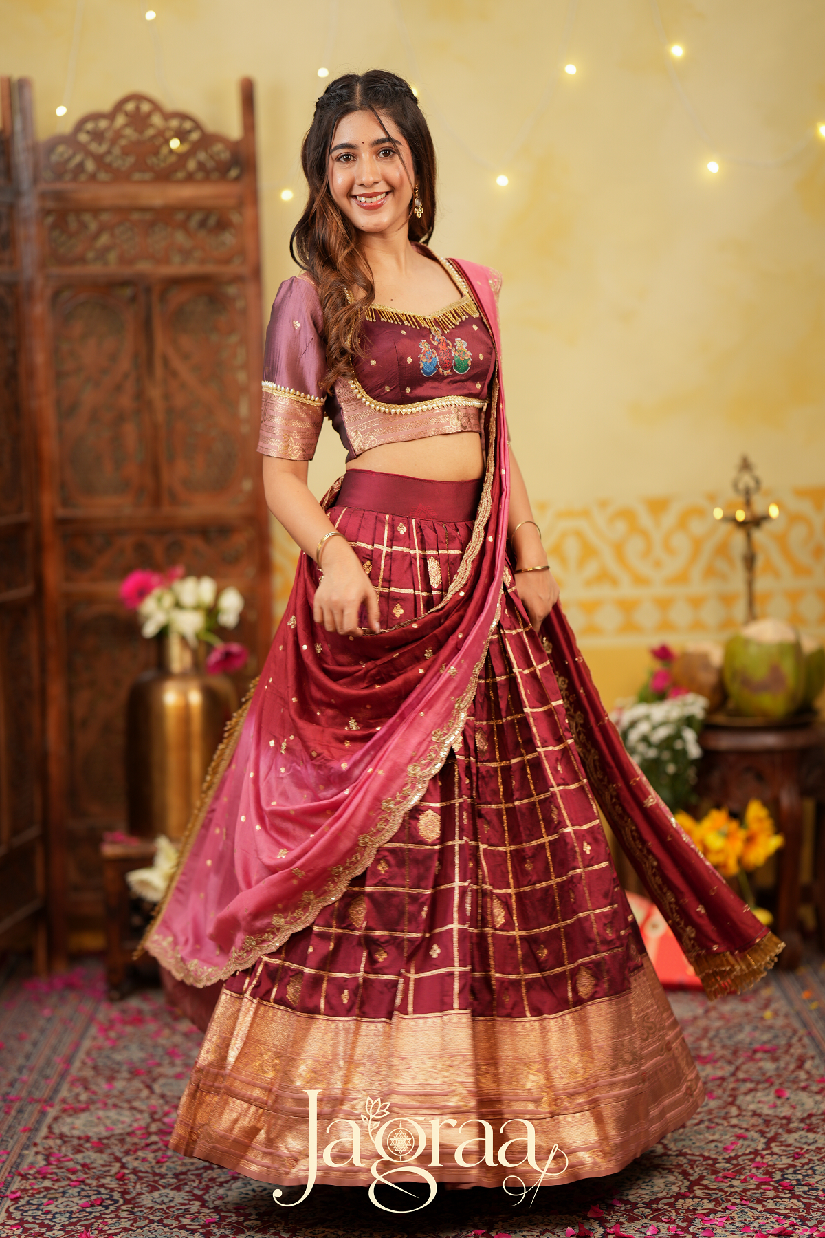 Indira | Maroon & Pink Traditional Silk Lehenga Set for Weddings
