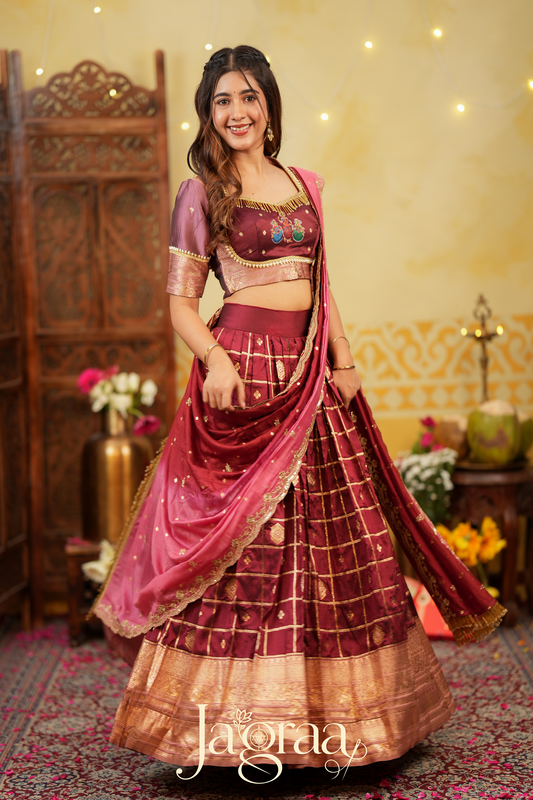 Indira | Maroon & Pink Traditional Silk Lehenga Set for Weddings