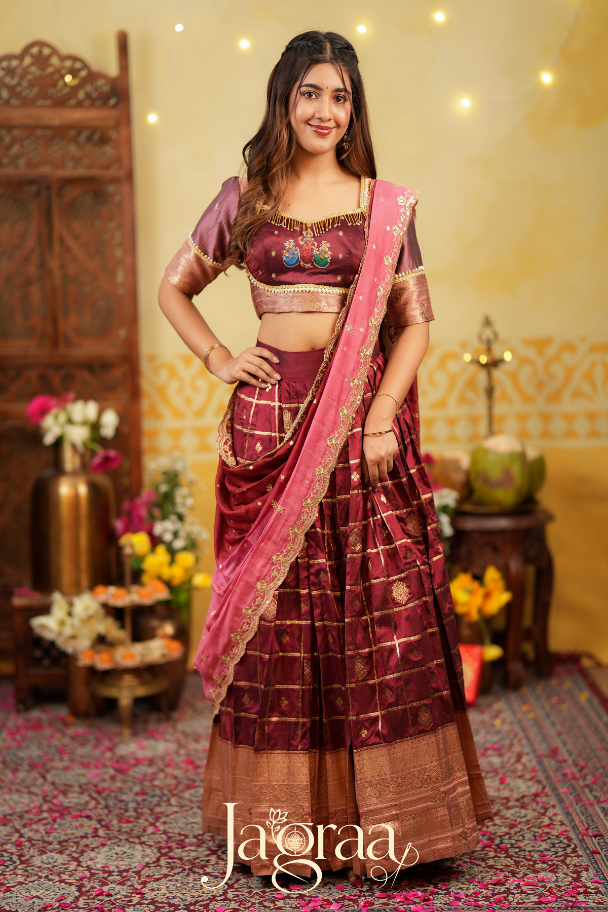 Indira | Maroon & Pink Traditional Silk Lehenga Set for Weddings