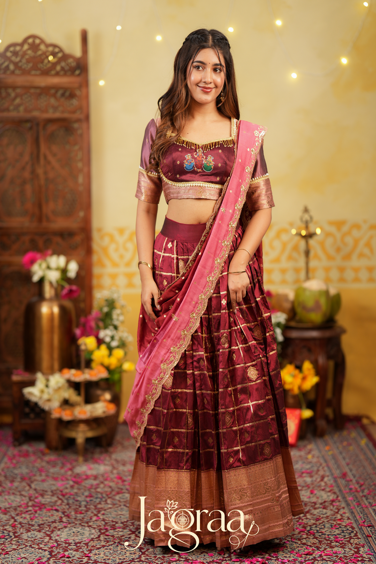 Indira | Maroon & Pink Traditional Silk Lehenga Set for Weddings