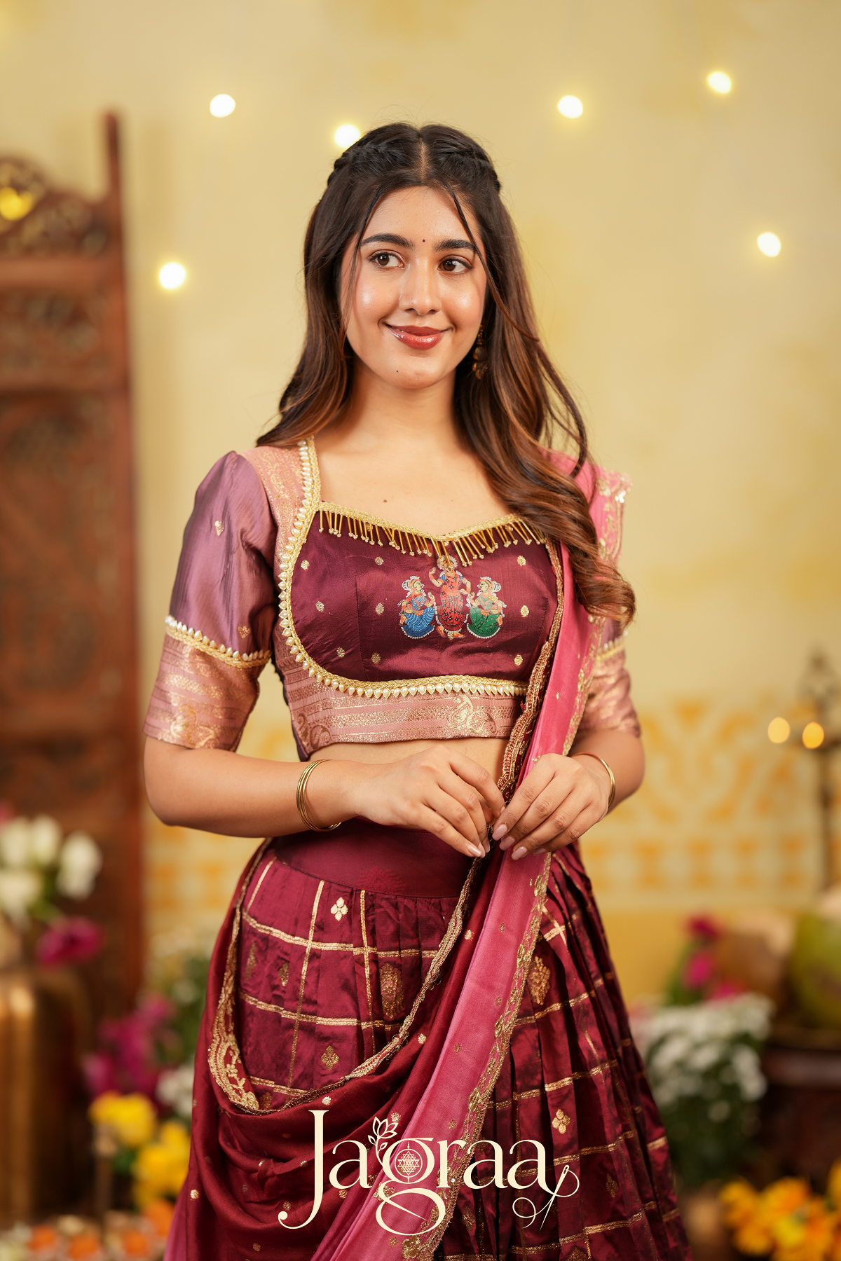 Indira | Maroon & Pink Traditional Silk Lehenga Set for Weddings